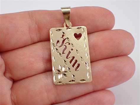 Vintage 14K Yellow Gold Name Charm - Estate Dog Tag for Necklace or Bracelet - Heart and Flower ...