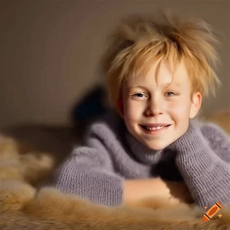 Boy in fuzzy sweater lying on fur rug on Craiyon