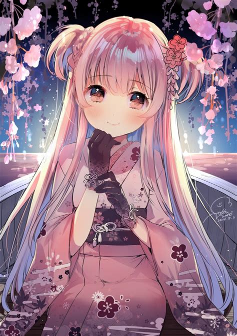 Wallpaper Anime Girl, Long Hair, Kimono, Moe, Cute, Gloves, Flowers