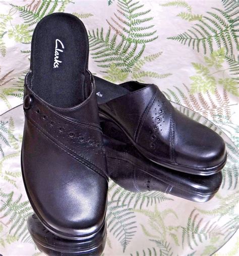 CLARKS BLACK LEATHER MULES SLIP ONS SLIDES WORK DRESS SHOES HEELS ...