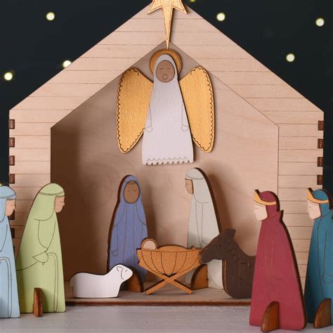 Wooden Hand Painted Christmas Crib Nativity Scene By Bombus