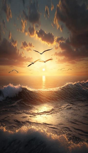 Premium Photo | A painting of a sunset with birds flying over the ocean.