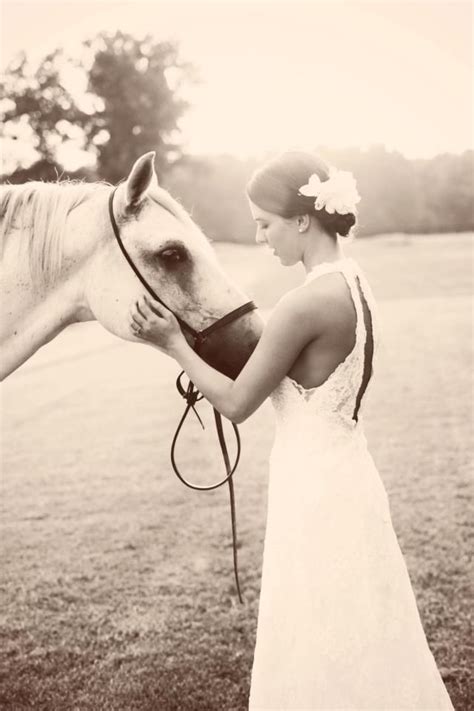 Rustic bridal portrait with white horse in black and white; Mississippi Wedding Equestrian ...