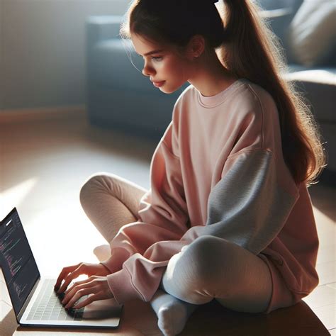 Young Girl Coding on Laptop | Tech Home Workspace | AI Art Generator ...