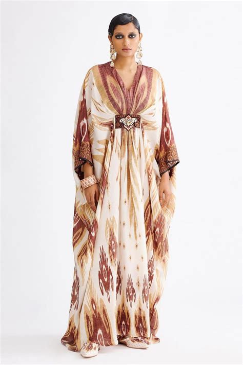 Buy Rajdeep Ranawat Brown Imama Silk Paisley Print Kaftan Online | Aza ...