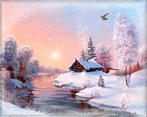 a painting of a winter scene with a cabin and stream