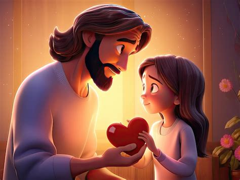 Hermosa ilustración del personaje 3d jesús dando un corazón colorido ...