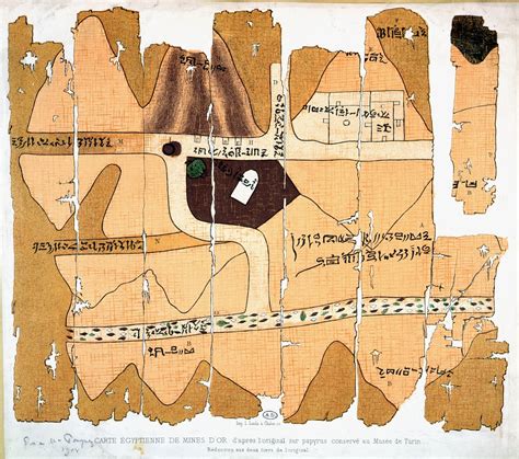 O Papiro de Turim, reprodução de um antigo mapa egípcio de minas de ouro baseado em um papiro ...
