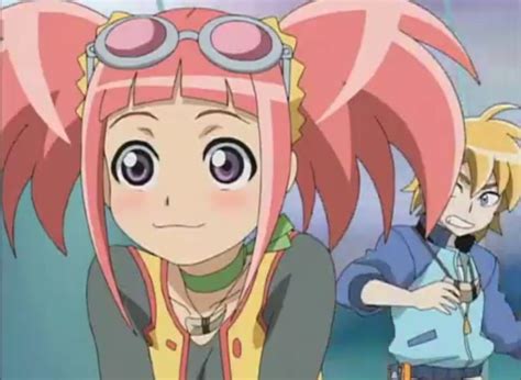 an anime character with pink hair and goggles standing next to another ...