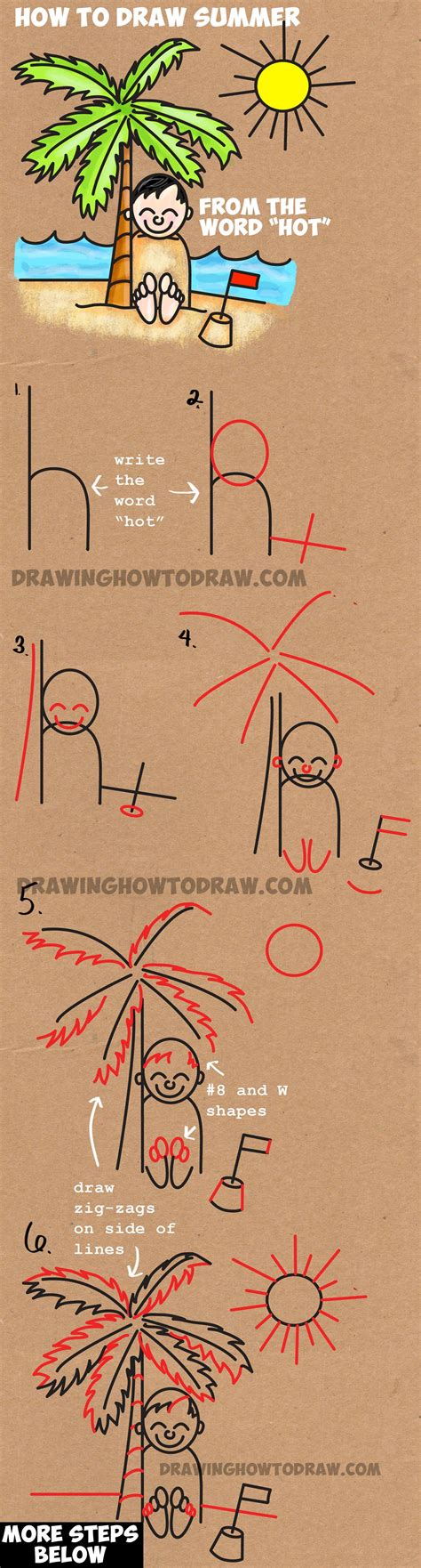 Learn How to Draw a Cartoon Boy Buried in Sand Summer Beach Scene - Simple Step by Step Word ...