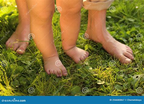 Woman with Her Child Walking Barefoot on Green Grass Outdoors, Closeup ...