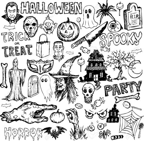 black and white halloween doodles with pumpkins, bats, witches, ghostes