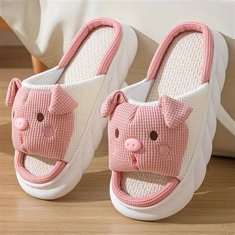 Cute Cartoon Animal Design Slippers Casual Opn Toe Linen - Temu Ireland