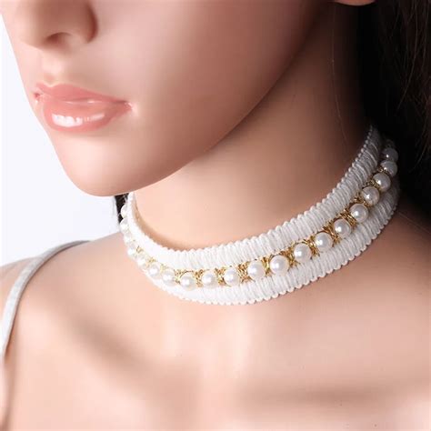 Simple White Velvet Choker Necklace For Women Pearl Wide Chocker Chokers Statement Necklaces ...