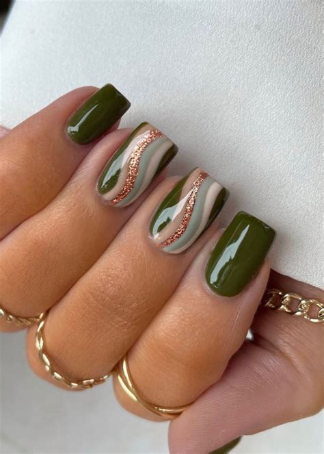 40+ Trendy Ways To Wear Green Nail Designs : Olive Green & Gold Swirl Design Fall Gel Nails ...