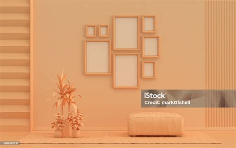 Minimalist Living Room Interior In Flat Single Pastel Orange Pinkish Color With 8 Frames On The ...