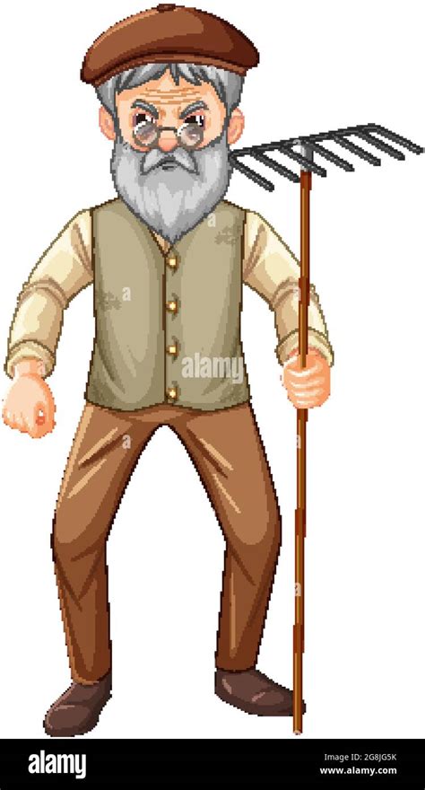 Old farmer man cartoon character holding rake garden tool illustration ...