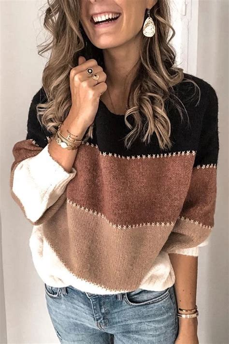 Casual Color-block Crew Neck Sweater – immorgo | Casaco tricot feminino, Ideias fashion, Roupas ...