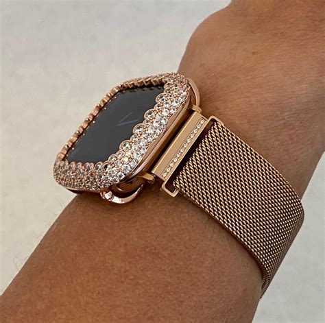 Rose Gold Apple Watch Band 38mm 40mm 42mm 44mm Milanese Loop and or Iwatch Lab Diamond Bezel ...