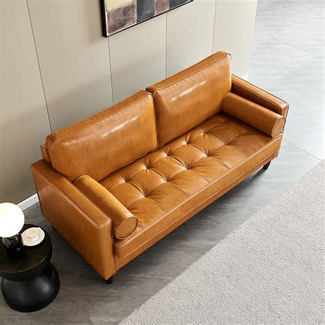 Faux Leather Sofa Comfortable Upholstered Loveseat with Pillow Back and Storage Cushions, Solid ...