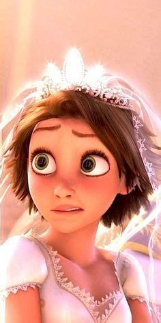 an animated character with big eyes wearing a white dress and tiara on her head