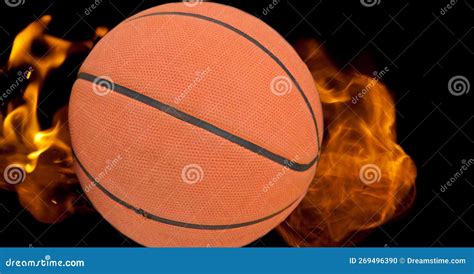 Composition of Basketball Ball Surrounded by Flames on Black Background ...