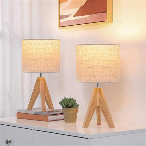 Isabelline Bedside Lamps Set Of 2, Wood Bedside Table Lamp, Tripod Desk Lamp With Beige Linen ...