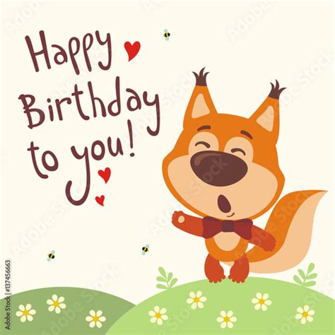 Happy birthday to you! Funny squirrel sings birthday song with gift in hand. Card with squirrel ...