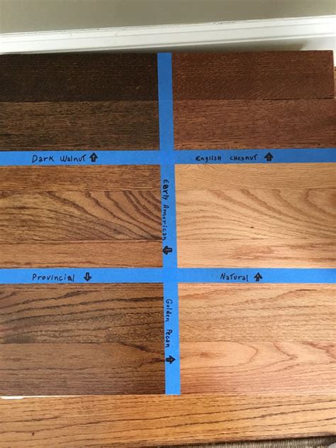 Floor stain samples. Minwax Dark walnut, English Chestnut, Natural, Golden Pecan, Provincial ...