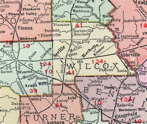 Wilcox County, Georgia, 1911, Map, Abbeville, Rochelle, Seville, Pitts, Pineview, Seminole