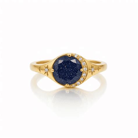 Blue Sandstone & Diamond Engagement Ring, Moon Crescent Wedding Ring