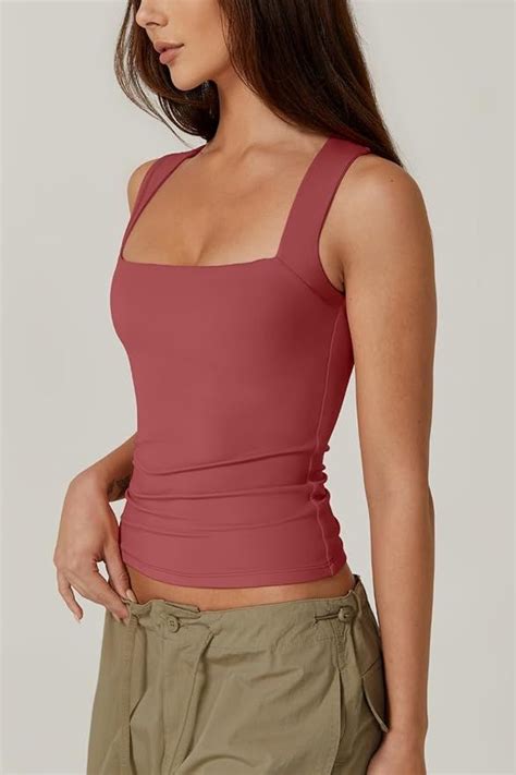 QINSEN Women's Square Neck Sleeveless Double-Layer Tank Tops Basic ...