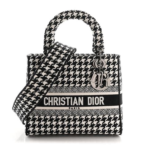 Christian Dior Canvas Houndstooth Embroidered Medium Lady D-Lite Black