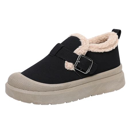 Black Snow Boots For Women Slip On Winter Shoes Fleece Lined With Thick