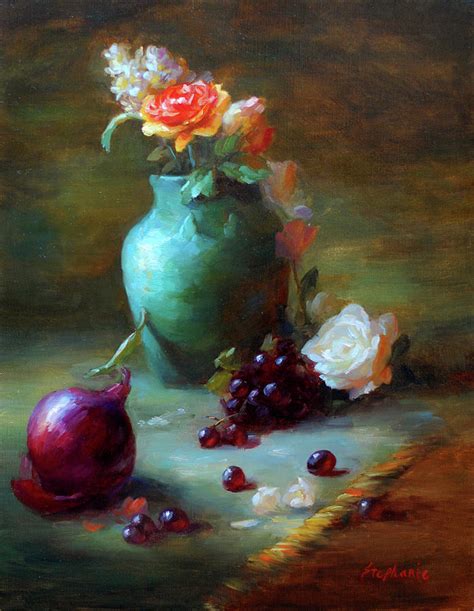 Green Vase with Flowers and Onion Painting by Stephanie K Johnson
