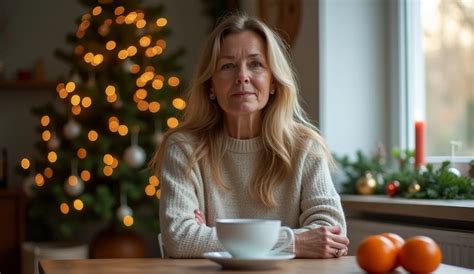 A woman or a 40—45 year-old man sitting in the kitchen or living room