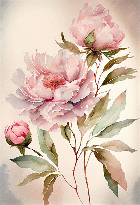 watercolor illustration light pink peony flower   stem  buds ai