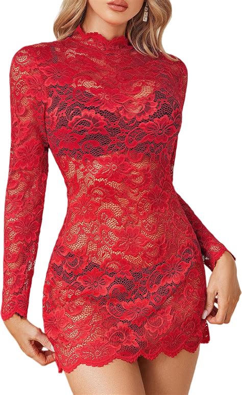 Womens Sheer Lace Dress Sexy Long Sleeve Dress See through Lingerie