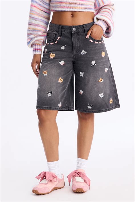 le chat embroidered denim jorts grey fashion nova