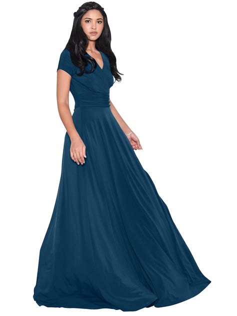 KOH KOH Long V-Neck Flowy Cap Short Sleeve V-Neck Bridesmaid Wedding