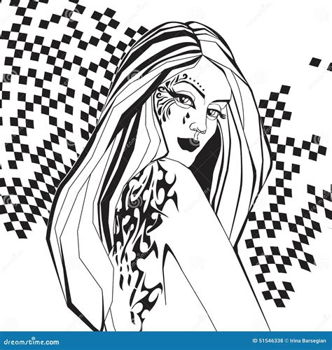 Long-haired Half-naked Girl with Tattoos.vector Illustration Stock