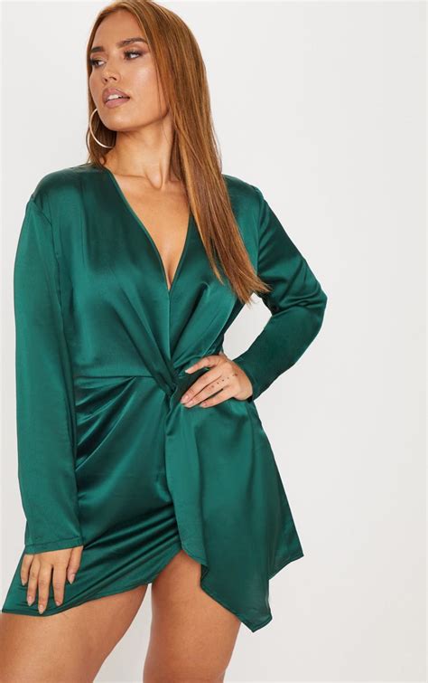 Plus Emerald Green Satin Long Sleeve Wrap Dress | Long sleeve wrap ...