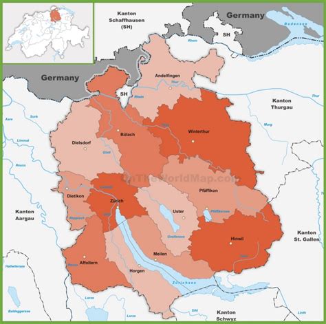 Canton of Zürich district map - Ontheworldmap.com