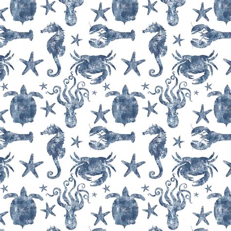 Delft Blue nautical Marine Life pattern, coastal beach Digital Art by ...