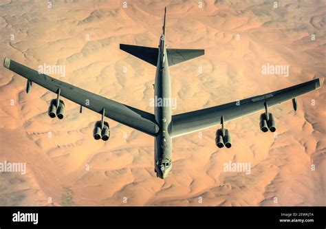 A U. S. Air Force B-52 Stratofortress assigned to the 2nd Bomb Wing departs after receiving fuel ...