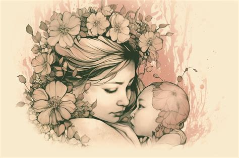 Premium AI Image | A drawing of a mother and baby with flowers on the ...