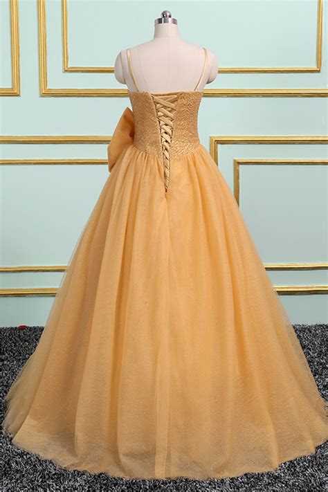 Gold Tulle Long Crystal Evening Dress, Sweet 16 Dress With Bow on Luulla
