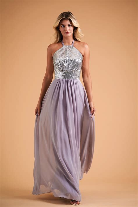 B223016 Sequin Halter Top Long Bridesmaid Dress with Thick Waistband