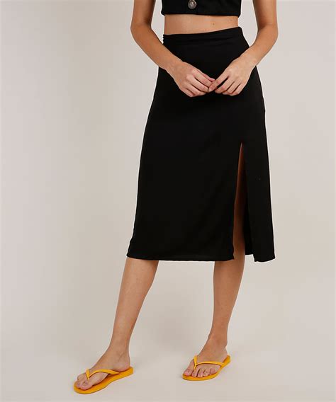 Saia Com Fenda Preta - Saia Feminina Midi com Fenda Preta
