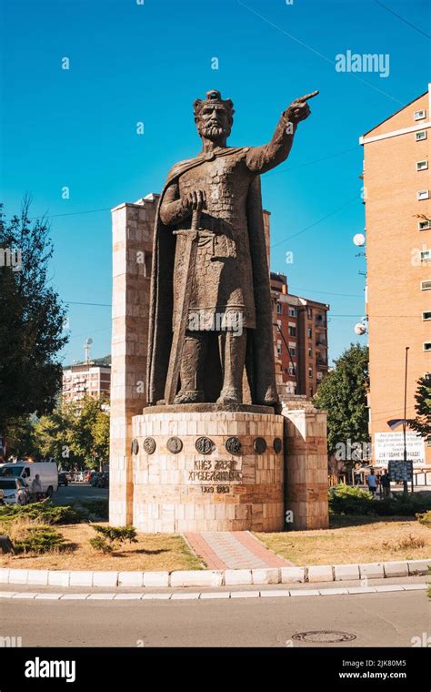 a large statue of Prince Lazar of Serbia on a roundabout in North ...